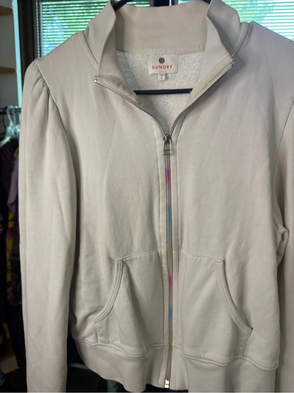 Sundry Cream Zip-Front Sweatshirt
